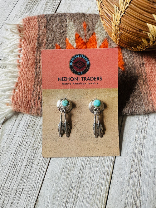 Navajo Turquoise & Sterling Silver Concho Feather Earrings