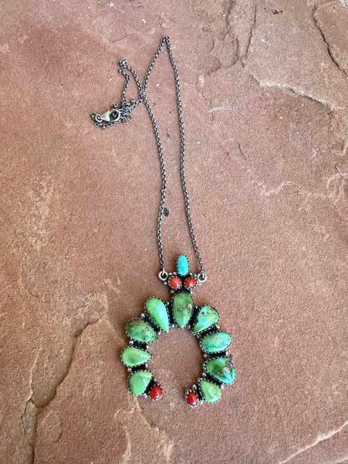 Beautiful Handmade Sterling Silver, Coral & Sonoran Turquoise NAJA Necklace