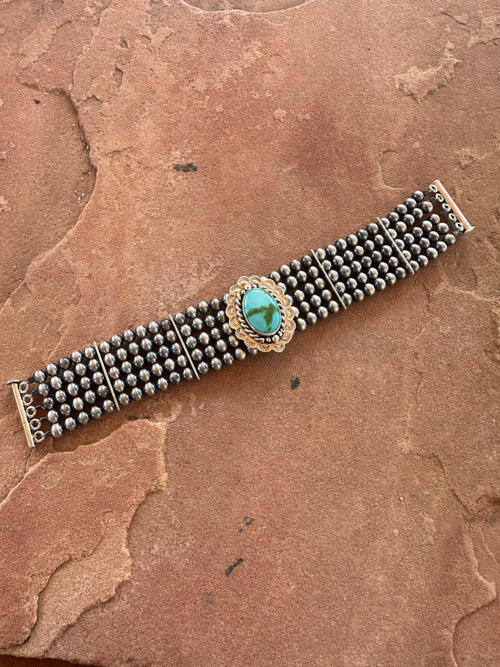 Handmade Sterling Silver & Sonoran Turquoise Beaded Navajo Pearl Style Bracelet