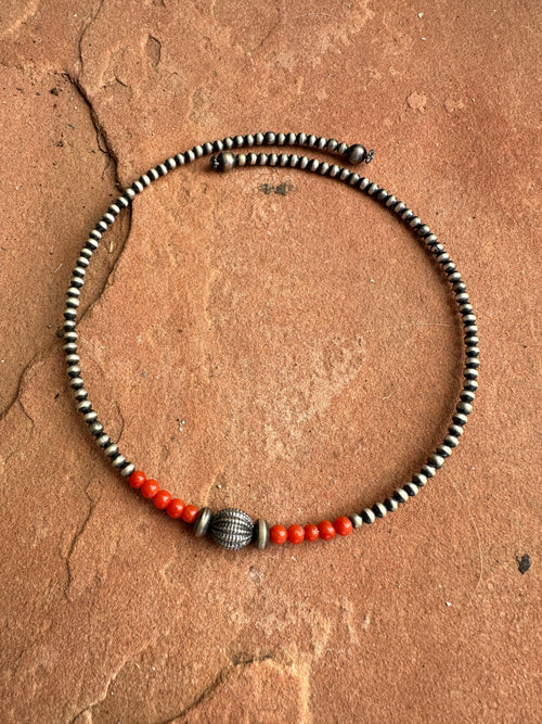 Handmade Sterling Silver Coral Beaded Wrap Choker Necklace