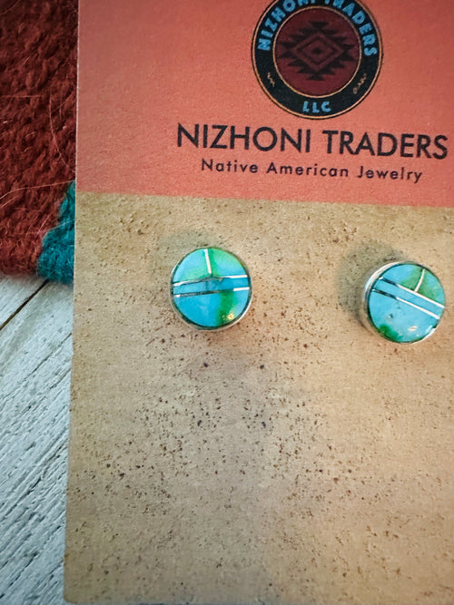 Navajo Sonoran Mountain Turquoise & Sterling Silver Inlay Stud Earrings