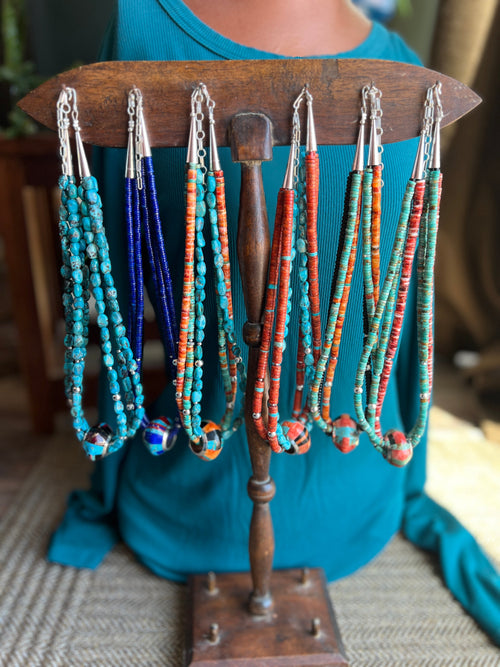 Daniel Coriz Triple Strand Apple Coral and Turquoise Beaded Necklace w/ Sterling Silver Removable Inlay Bead