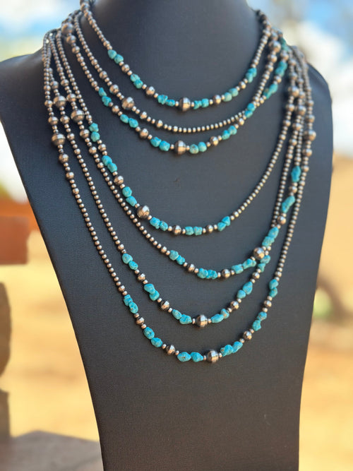 Navajo Kingman Dance Turquoise & Sterling Silver 3mm-8mm Beaded Necklace