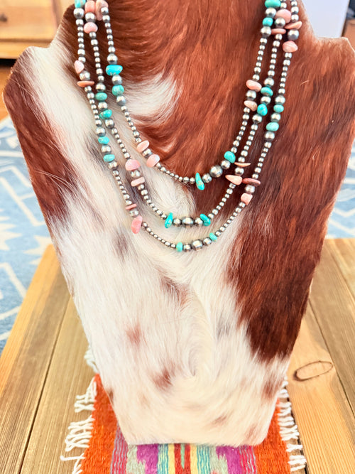 Handcrafted Turquoise, Queen Pink Conch and Sterling Silver Pearl Beaded Necklace