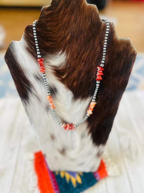 Navajo Sterling Silver & Spiny Oyster Beaded 20” Necklace