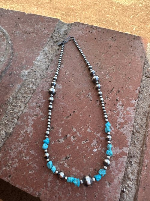 Navajo Kingman Dance Turquoise & Sterling Silver 3mm-8mm Beaded Necklace