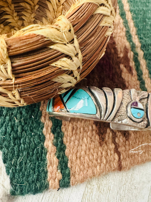 Old Pawn Navajo Multi Stone & Sterling Silver Inlay Cuff Bracelet