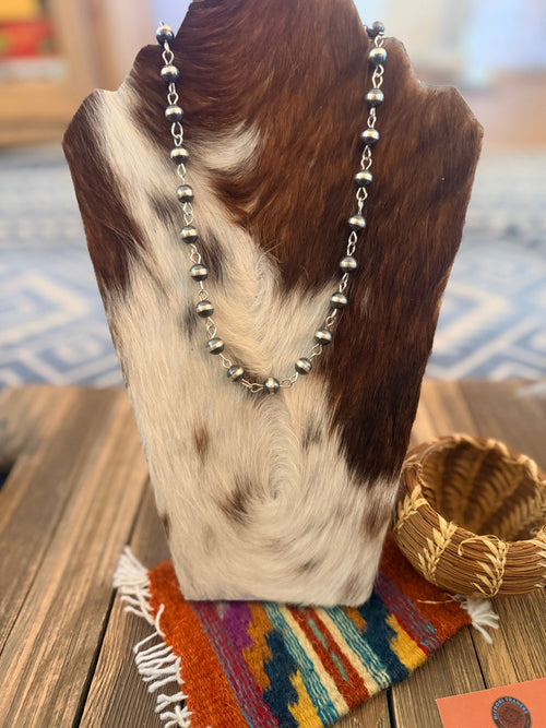 Handcrafted 8mm Sterling Silver Pearl Beaded Rosary Style Necklace 20”