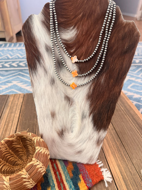 Handcrafted Orange Spiny and Sterling Silver Pearl Quatrefoil Beaded Necklace