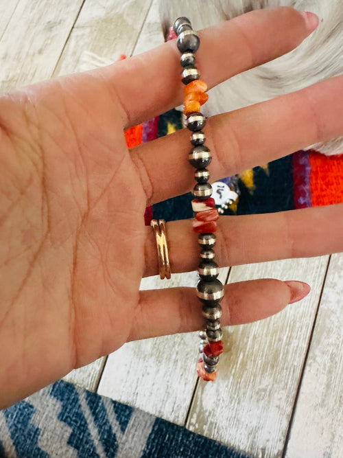 Navajo Sterling Silver & Spiny Oyster Beaded Necklace