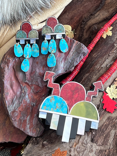 Warren Nieto Multi Stone Inlay Monsoon Necklace & Earrings Set