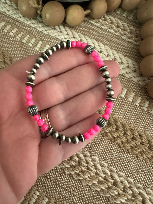 Handmade Hot Pink Fire Opal & Sterling Silver Beaded Bracelet