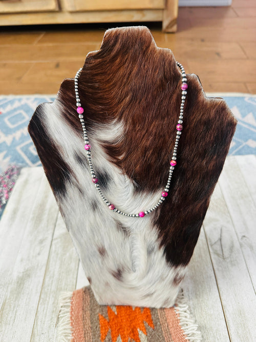 Navajo Sterling Silver & Pink Mojave 18” Beaded Necklace