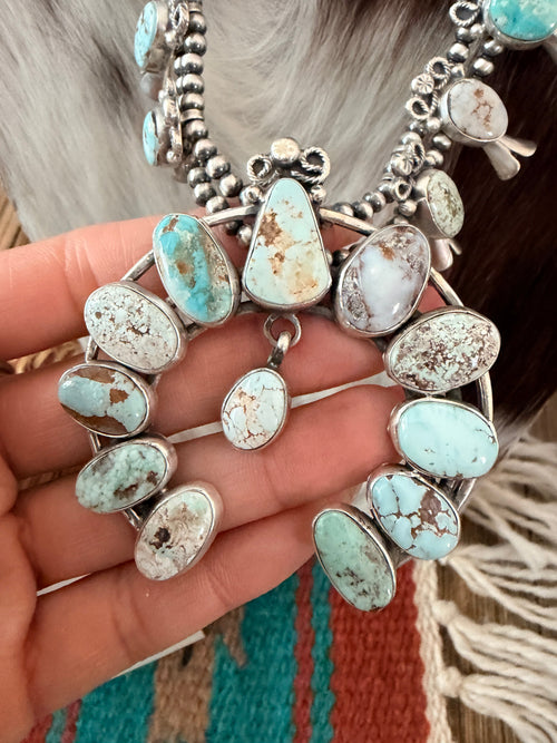 Handcrafted Dry Creek Turquoise & Sterling Silver Squash Blossom Necklace and Earring Set