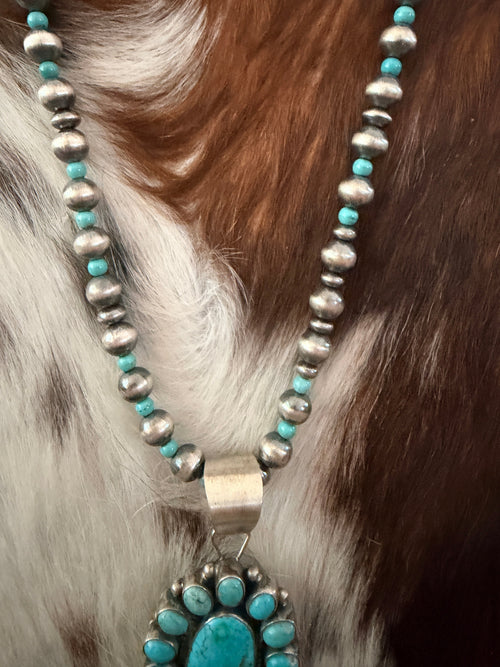 Handcrafted Turquoise & Sterling Silver Cluster Beaded Necklace by Sheila Becenti