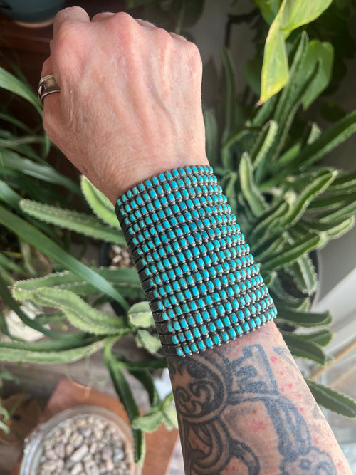 Stunning Old Pawn 15 Row Zuni Sterling Silver & Turquoise Gauntlet Style Cuff Bracelet by Clark Couyancy