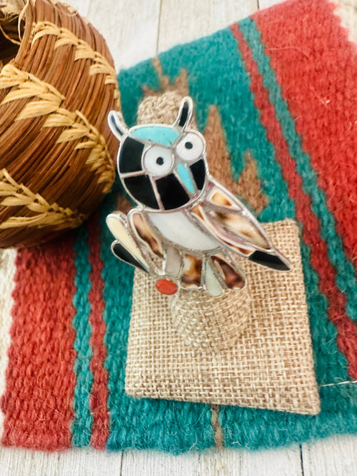 Old Pawn Zuni Sterling Silver & Multi Stone Inlay Owl Ring Size 7
