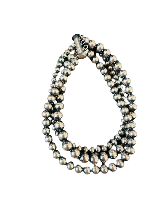 Navajo Sterling Silver Pearl Triple Strand Beaded Bracelet