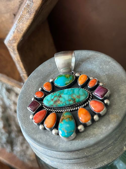 Navajo Sterling Silver Electric Rainbow Cluster Pendant by Angela Martin