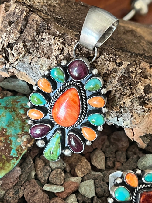 Navajo Electric Rainbow Spiny Oyster and Turquoise Cluster Pendant by Angela Martin
