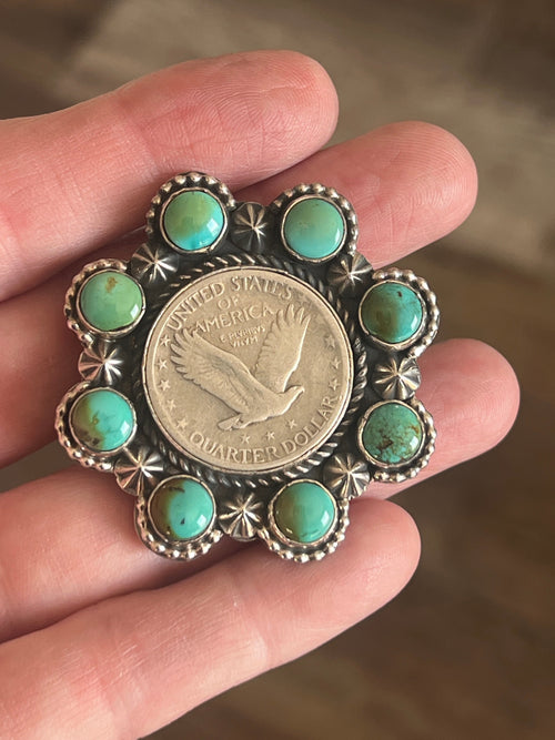 Apache Sterling Silver, Barber Quarter and Hubei Turquoise Cluster Ring by Rosella Paxson, Size 8