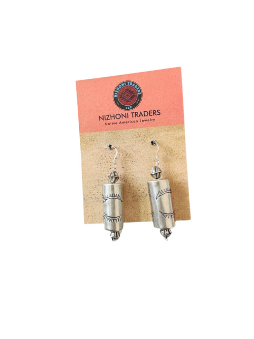 Navajo Hand Stamped Sterling Silver Pearl Dangle Earrings