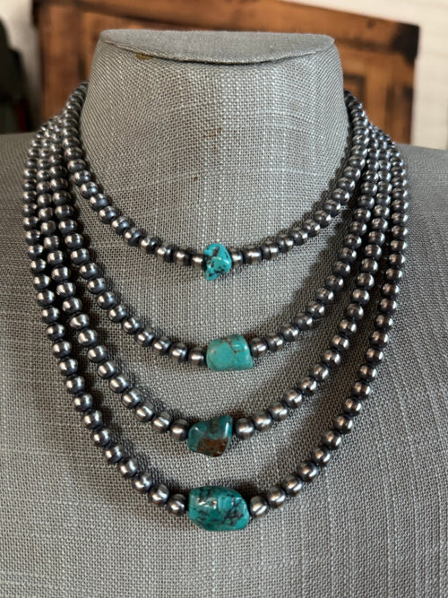 Handcrafted Kingman Turquoise & Sterling Silver 6mm Beaded Necklace
