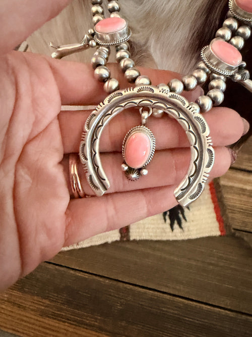 Handcrafted Queen Pink Conch & Sterling Silver Beaded Squash Blossom Necklace Set by Melvin Francis