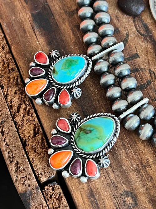 Navajo Made Sterling Silver Electric Rainbow Beaded Cluster Necklace & Earrings Set by Angela Martin