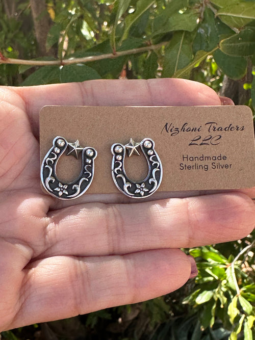 Handmade Sterling Silver Flower Horseshoe Post Earrings