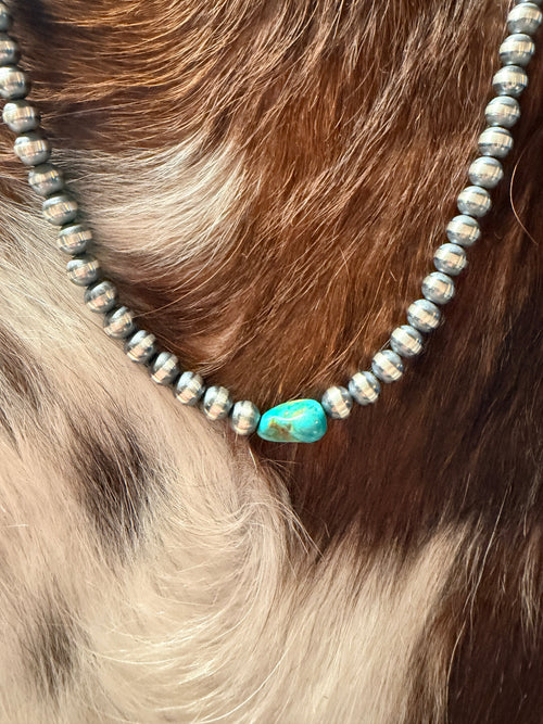 Handcrafted Turquoise & 6mm Sterling Silver Pearl 14" Beaded Necklace