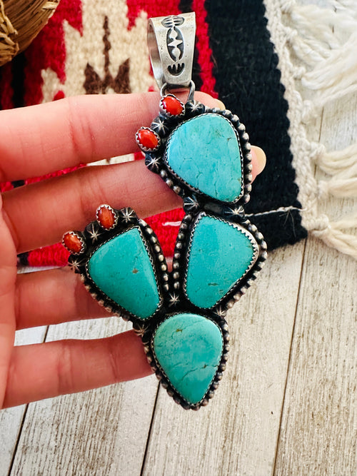 Navajo Turquoise, Coral and Sterling Silver Cactus Pendant