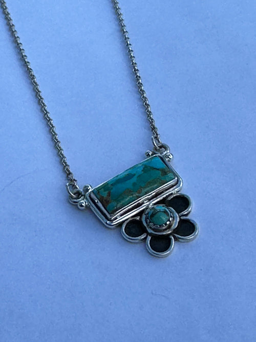 Sterling Silver and Royston Turquoise Flower Bar Necklace