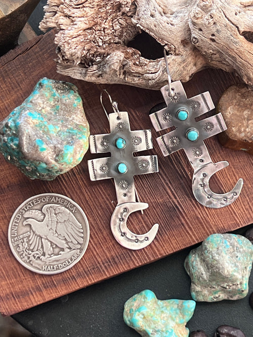 Hand Stamped Sterling Silver Dragonfly Cross Crescent Moon Dangle Earrings with Kingman Turquoise by Kimari Somers, Squared Bars