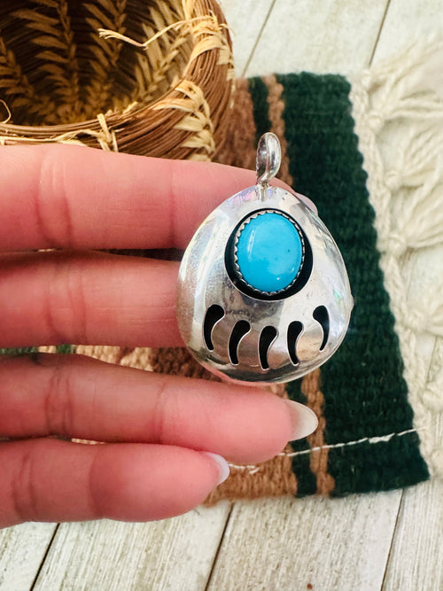 Old Pawn Navajo Turquoise & Sterling Silver Bear Paw Pendant