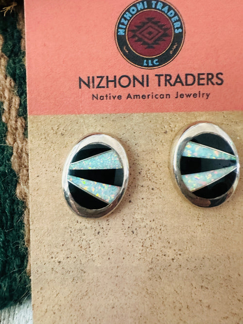 Old Pawn Navajo Sterling Silver, Onyx & Opal Inlay Post Earrings