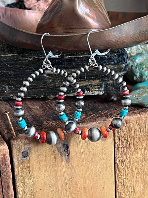 Handcrafted Electric Rainbow Sterling Silver, Turquoise & Spiny Oyster Beaded Hoop Earrings, Leverback