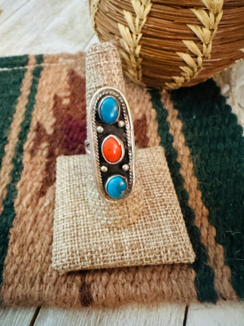 Old Pawn Turquoise, Coral and Sterling Silver Ring Size 8