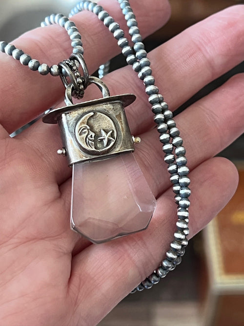 Sterling Silver Gem Collector 30” + 2” Beaded Necklace w/ Tularosa Quartz & Moon Pendant 1