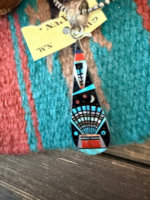 Old Pawn Handcrafted Multi Stone & Sterling Silver Inlay Teardrop Pendant