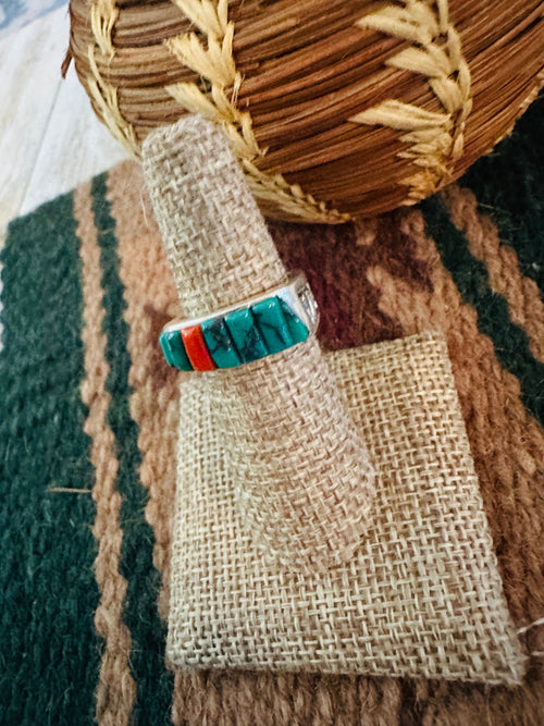 Old Pawn Handcrafted Turquoise, Coral & Sterling Silver Band Ring Size 6