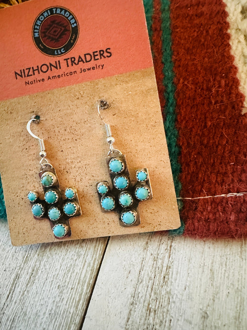 Navajo Sterling Silver & Turquoise Cactus Dangle Earrings