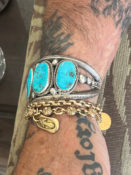Old Pawn Navajo Sterling Silver and Natural Sleeping Beauty Turquoise Cuff Bracelet, Signed D