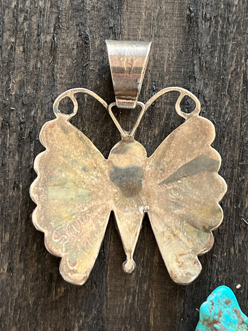 Vintage Zuni Sterling Silver, Turquoise, Spiny Oyster Shell and Jet Inlay Butterfly Pendant by Sara Edaakie