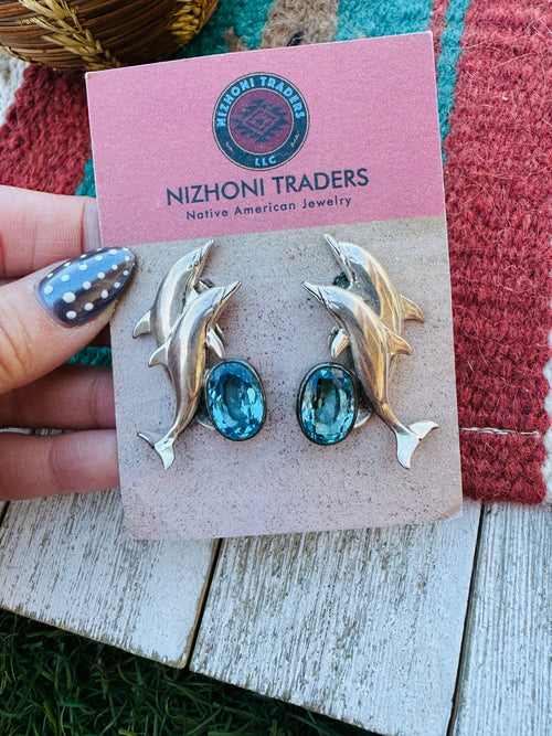 Handcrafted Old Pawn Sterling Silver and Topaz Dolphin Post Earrings