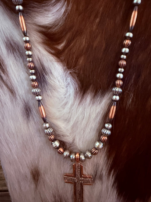 Handcrafted Copper and Sterling Silver Cross Beaded Necklace by Landon Secatero