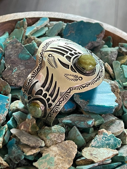 Old Pawn Navajo Sterling Silver and Royston Turquoise Overlay Bear Paw Cuff Bracelet by Charlie Bowie