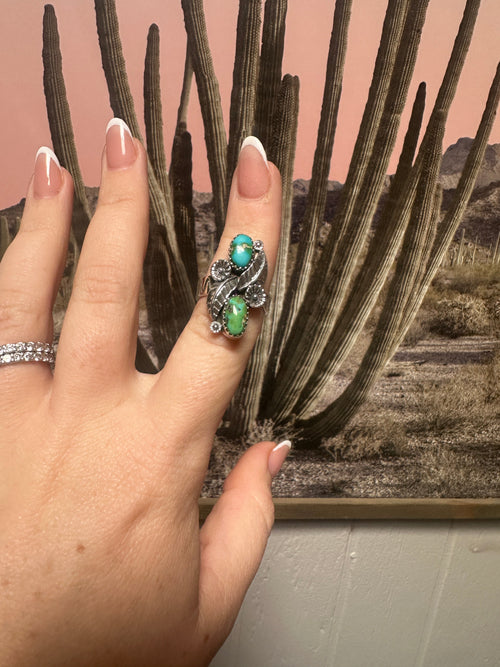 Beautiful Handmade Sonoran Turquoise And Sterling Silver Adjustable 2 Stone Flower Leaf Ring