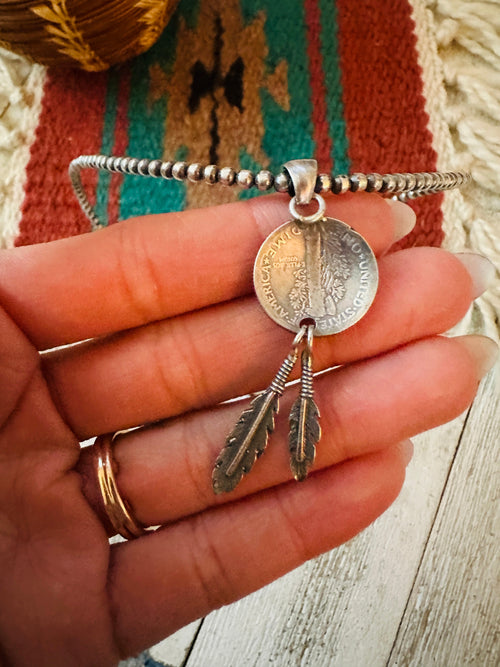 Navajo Sterling Silver Pearl Liberty Dime Feather Beaded Necklace