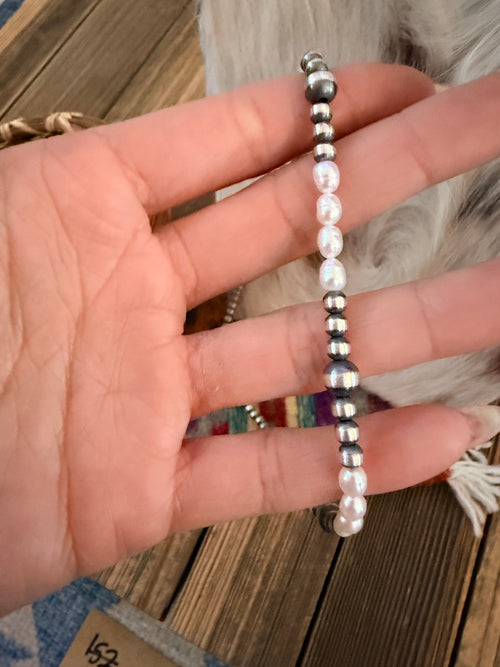 Handcrafted Mother of Pearl and Sterling Silver Pearl Beaded Necklace